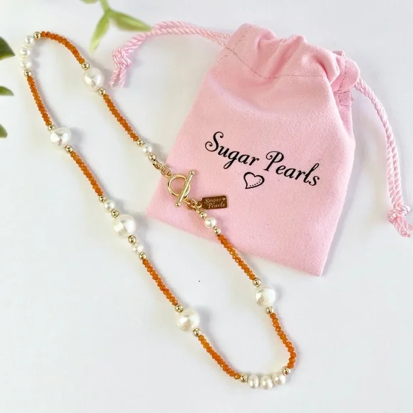 Freshwater Pearl, Carnelian & 14K Gold Necklace - Picture 6 of 7